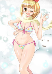  bikini blonde_hair brown_eyes commentary_request female front-tie_top hairband marin_(umi_monogatari) photoshop_(medium) scarf short_hair side-tie_bikini_bottom snow snowman solo swimsuit umi_monogatari zouzou 