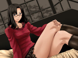  aged_up alternate_hairstyle bespectacled black_hair black_skirt black_socks blue_eyes commentary_request crossed_legs fate/stay_night fate_(series) female glasses hair_down indoors kneehighs legs long_hair long_legs looking_at_viewer nazo_kichi photoshop_(medium) red_sweater sitting skirt socks solo sweater thighs tohsaka_rin window 