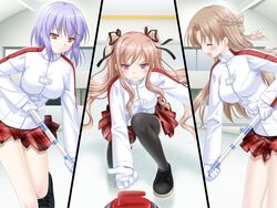  3girls black_footwear black_legwear blue_hair blush braid breasts broom brown_hair checkered_clothes checkered_skirt closed_eyes curling curling_broom curling_stone frown game_cg gloves hair_ribbon holding holding_broom imageboard_desourced indoors jacket kani_biimu kinoshita_tomomi konayuki_fururi large_breasts long_hair matsushima_koyuki medium_hair multiple_girls nakahara_asami non-web_source open_mouth plaid plaid_skirt pleated_skirt purple_eyes red_eyes red_skirt ribbon shoelaces shoes short_hair sidelocks skirt split_screen stick thighhighs twintails white_gloves white_jacket zettai_ryouiki 