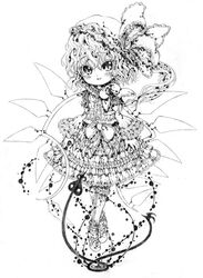  blood blush female flandre_scarlet gothic_lolita greyscale hat katzeh laevatein_(touhou) lolita_fashion monochrome photoshop_(medium) ribbon solo touhou wings 