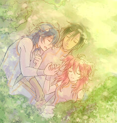  2boys bad_id bad_pixiv_id brother_and_sister brothers closed_eyes female gundam gundam_00 holding_hands jo_(artist) johann_trinity lowres michael_trinity multiple_boys nena_trinity photoshop_(medium) red_hair siblings sleeping smile 