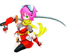  breasts female fingerless_gloves gloves goggles gouma_reifuden_izuna green_eyes izuna_(gouma_reifuden_izuna) katana large_breasts ninja photoshop_(medium) pink_hair scarf short_hair solo sword weapon yoshida_on 