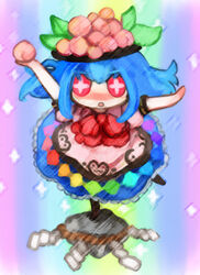  +_+ bad_id bad_pixiv_id blue_hair chibi duel_love female food fruit hat heaven_condition hinanawi_tenshi holding holding_food holding_fruit keystone lowres parody peach photoshop_(medium) red_eyes ribbon rope ruto_(petatann) shide shimenawa solo touhou 