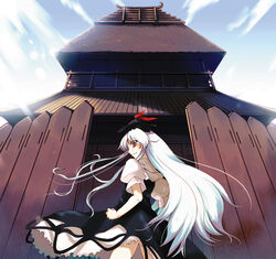  blue_dress building dress female from_behind hat kamishirasawa_keine long_hair looking_at_viewer puffy_short_sleeves puffy_sleeves short_sleeves shrine solo tamaki_fuyu tate_eboshi touhou very_long_hair white_hair 