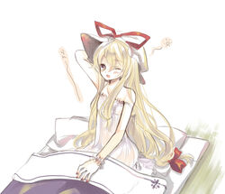  bed blonde_hair female long_hair looking_at_viewer shiina_aya sleepy solo touhou very_long_hair yakumo_yukari 