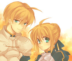  1boy ahoge armor arthur_pendragon_(fate) artoria_pendragon_(fate) bad_id bad_pixiv_id blonde_hair dual_persona fate/prototype fate/stay_night fate_(series) female green_eyes hair_ribbon kotarou_(raincoat) prototype_design ribbon saber_(fate) saver_(fate/prototype) 