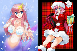  alternate_costume bad_id bad_pixiv_id blue_eyes border bracelet breasts commentary_request coral curvy dual_persona female food fruit fur_trim gift gloves gundam gundam_seed gundam_seed_destiny hair_ornament hat holding holding_gift impossible_clothes jewelry large_breasts long_hair meer_campbell mermaid monster_girl monsterification narrow_waist navel open_mouth outside_border outstretched_arm pink_hair plaid plaid_background santa_costume santa_hat seashell shell shell_bikini smile star_(symbol) star_hair_ornament tooru_jin underwater unmoving_pattern wide_hips 