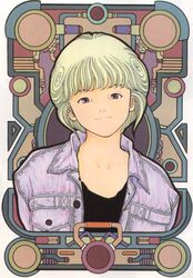  1990s_(style) amano_ai blonde_hair brown_eyes den&#039;ei_shoujo denim denim_jacket female highres jacket katsura_masakazu retro_artstyle short_hair smile solo 