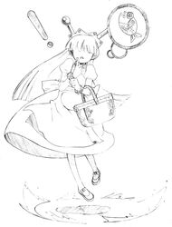  absurdres apron basket collar commentary_request female finger_to_face floating greyscale hair_over_eyes highres line_art long_hair maid maid_headdress monochrome robot_ears solo surprised suzuki_(19oe8k4m2s) tesse waku_waku_7 