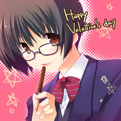  brown_eyes brown_hair english_text female food glasses halftone halftone_background happy_valentine looking_at_viewer lowres original parted_lips pocky portrait short_hair solo star_(symbol) tanabe valentine 