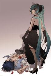  1boy aqua_hair bad_id bad_pixiv_id cendrillon_(vocaloid) dagger dress elbow_gloves female flower gloves hatsune_miku high_heels kaito_(vocaloid) knife long_hair looking_back open_clothes open_shirt photoshop_(medium) rose scarf shirt shoes thighhighs very_long_hair vocaloid weapon yoh_(pixiv199441) 