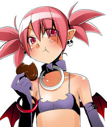  :t bracelet chocolate choker demon_girl detached_sleeves disgaea earrings eating etna_(disgaea) female flat_chest heart jewelry kaeru_kenshi pointy_ears red_eyes red_hair solo upper_body wings 