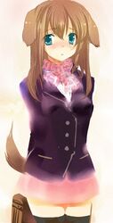  animal_ears blazer brown_hair copyright_request dog_ears female green_eyes jacket mofmof_(sousa) scarf solo tail thighhighs zettai_ryouiki 