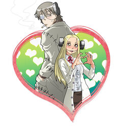  1boy back-to-back blonde_hair blush bolt_(hardware) cigarette commentary_request couple crossover female franken_fran franken_stein_(soul_eater) gammatelier glasgow_smile hands_in_pockets heart heart_hands height_difference lab_coat long_hair madaraki_fran object_through_head photoshop_(medium) screw_in_head smoking soul_eater stitches straight tall 