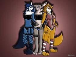  4:3 alpha_and_omega anthro anthrofied bianca_(sheep_and_wolves) blue_body blue_eyes blue_fur blue_hair breasts canid canine canis ceeme521 clothed clothing crossover disney female fishnet_clothing fishnet_legwear fur garter_straps grey_body grey_fur group hair interspecies judy_hopps kate_(alpha_and_omega) lagomorph legwear leporid mammal navel one-piece_swimsuit orange_body orange_fur pattern_clothing pattern_legwear purple_eyes rabbit russian sheep_and_wolves simple_background smile standing striped_clothing striped_legwear stripes swimwear tuft wizart_animation wolf zootopia 