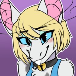  1:1 animated anthro bell bell_collar blonde_hair blue_sclera blush collar female frame_by_frame fur hair khaoticvex looking_at_viewer low_res mammal out-of-placers short_playtime simple_background smile solo teeth veela white_body white_fur yinglet 