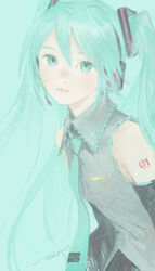  aqua_background aqua_eyes aqua_hair aqua_neckwear bangs bare_shoulders blending closed_mouth commentary expressionless eyebrows female frilled_shirt frilled_shirt_collar frills from_side grey_shirt hair_between_eyes hair_ornament hatsune_miku headphones headset highres long_hair looking_at_viewer looking_to_the_side matayoshi necktie shirt sidelocks signature simple_background sleeveless sleeveless_shirt solo twintails upper_body very_long_hair vocaloid wing_collar 