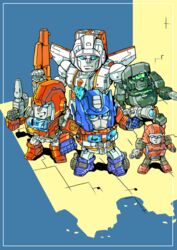  5boys autobot blue_eyes chibi cliffjumper english_commentary gun highres hoist holding holding_gun holding_weapon ironhide jetfire konachang looking_at_viewer mecha multiple_boys no_humans optimus_prime standing transformers visor weapon 