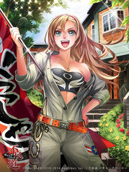  belt black_tube_top blonde_hair blue_eyes bousouzoku breasts building cleavage commentary copyright_name copyright_notice cowboy_shot dated day delinquent english_commentary female flag furyou_michi_~gang_road~ grey_jumpsuit hand_on_own_hip heart holding holding_flag jewelry jumpsuit kriss_sison long_hair looking_at_viewer medium_breasts necklace outdoors partially_unbuttoned plant second-party_source strapless taga_makino tube_top 