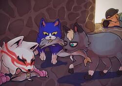  2020 animal_crossing blue_body camera domestic_cat felid feline felis feral feralized fur grey_body grey_fur group heterochromia hi_res human kabuki_(animal_crossing) mammal nintendo raymond_(animal_crossing) tom_(animal_crossing) tongue vetiver_n yellow_eyes 