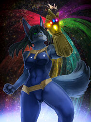  3:4 anthro black_hair blue_body blue_fur canid clenched_hands clothing corablue_(character) cosplay dipstick_tail female fur general-irrelevant green_eyes hair hi_res infinity_gauntlet mammal markings marvel sharp_teeth smile snap solo tail tail_markings teeth thanos tight_clothing 