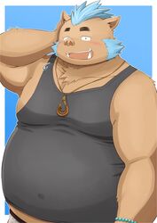  2021 anthro belly blue_hair blush brown_body brown_fur clothing fur ganglie_(tas) hair hi_res homohomofever humanoid_hands kemono lifewonders male mammal overweight overweight_anthro overweight_male shirt solo suid suina sus_(pig) tank_top tokyo_afterschool_summoners topwear wild_boar 