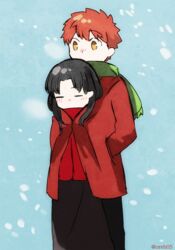  1boy bad_id bad_twitter_id black_hair blush breath closed_eyes coat emiya_shirou fate/hollow_ataraxia fate/stay_night fate_(series) female green_scarf hands_in_pockets height_difference long_hair long_sleeves oreh-stl red_coat red_hair scarf shared_clothes shared_coat snowing standing tohsaka_rin twitter_username yellow_eyes 