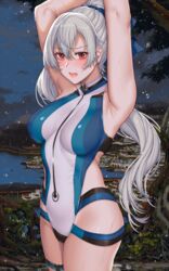  armpits arms_up blue_bow blue_one-piece_swimsuit blush bow breasts fate/grand_order fate_(series) female grey_hair hair_between_eyes hairbow hanada_yanochi highleg highleg_swimsuit large_breasts long_hair looking_at_viewer one-piece_swimsuit open_mouth ponytail red_eyes swimsuit thighs tomoe_gozen_(fate) tomoe_gozen_(swimsuit_saber)_(fate) tomoe_gozen_(swimsuit_saber)_(first_ascension)_(fate) two-tone_swimsuit white_one-piece_swimsuit 