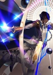  1boy absurdres agni_gandiva arjuna_(fate) bow_(weapon) brown_eyes brown_hair cape dark-skinned_male dark_skin fate/grand_order fate_(series) gloves hair_between_eyes highres holding holding_bow_(weapon) holding_weapon indian_clothes long_sleeves male_focus short_hair solo tukiyononeko_ms weapon white_cape white_gloves 