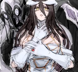  albedo_(overlord) breasts brown_eyes cleavage confused demon demon_girl dress female gloves horns jewelry large_breasts long_hair looking_at_viewer notoro overlord_(maruyama) pale_skin ring scared sleeveless sleeveless_dress slit_pupils solo squid sweat sweatdrop white_dress white_eyes white_gloves wings 