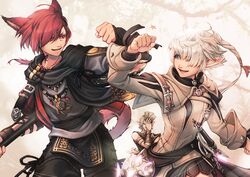  2boys alisaie_leveilleur animal_ears archon_mark astrologian_(final_fantasy) blue_eyes bracer cat_boy cat_ears cat_tail commentary_request elezen elf female final_fantasy final_fantasy_xiv fist_bump g&#039;raha_tia highres jacket jewelry mihira_(tainosugatayaki) miqo&#039;te multiple_boys pointy_ears ponytail rapier red_eyes red_hair red_mage_(final_fantasy) smile staff sword tail urianger_augurelt weapon white_hair 