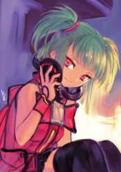  beatmania_iidx black_thighhighs doraeshi female green_hair headphones highres hishimiya_tsugaru looking_at_viewer red_eyes short_hair signature sitting sleeveless smile solo thighhighs translation_request two_side_up 