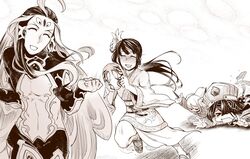  &gt;_&lt; 1other 2girls character_doll falling fate/grand_order fate_(series) flower hair_flower hair_ornament hair_over_one_eye hat jing_ke_(fate) long_hair mask monochrome multiple_girls running shi_huang_di_(fate) side_ponytail smile toritora xu_fu_(fate) 