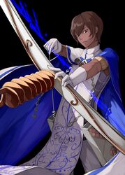  1boy agni_gandiva arjuna_(fate) black_background bow_(weapon) brown_eyes brown_hair cape dark-skinned_male dark_skin fate/grand_order fate_(series) gloves hair_between_eyes holding holding_bow_(weapon) holding_weapon indian_clothes long_sleeves male_focus nagihana short_hair simple_background solo weapon white_cape white_gloves 