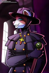  absurd_res anthro artofthediscipline clothing domestic_ferret female hat headgear headwear hi_res mammal mustelid musteline plague_doctor simple_background smile solo true_musteline weasel 