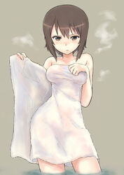  absurdres bad_id bad_pixiv_id belt blush breasts brown_belt brown_eyes brown_hair closed_mouth commentary contrapposto ennui_orz female girls_und_panzer hand_on_own_chest highres light_frown looking_at_viewer medium_breasts naked_towel nishizumi_maho open_towel opened_by_self short_hair simple_background solo standing steam towel wading 