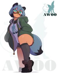  4:5 absurd_res anthro ass awoo bottomwear brand_new_animal canid canine clothing conditional_dnp digital_media_(artwork) dolphin_shorts female footwear hi_res looking_at_viewer mammal michiru_kagemori pudgeruffian raccoon_dog shirt shoes shorts simple_background socks solo studio_trigger tail text text_on_clothing text_on_shirt text_on_topwear topwear white_background 