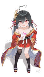  absurdres ahoge asymmetrical_legwear azur_lane bare_shoulders black_hair black_thighhighs blush collarbone crossed_bangs envelope female full_body hair_between_eyes heart heart-shaped_pupils heart_ahoge highres holding holding_envelope japanese_clothes kimono kimono_skirt mask mask_on_head miniskirt off_shoulder okobo open_mouth ping_zhong_yu red_eyes sandals shadow signature simple_background single_thighhigh skirt smile solo symbol-shaped_pupils taihou-chan_(azur_lane) tengu_mask thighhighs twintails white_background 