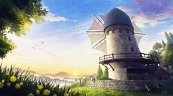  bird blurry blurry_foreground building feline flock flower kaminaga_mutsumi lantern mountainous_horizon no_humans original outdoors photoshop_(medium) scenery stairs sun tree windmill 