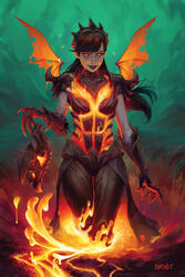  armor black_hair black_lips claws commentary crown d.va_(overwatch) d.va_the_destroyer dark_persona demon_girl dragon_wings english_commentary female fingernails flat_chest glowing glowing_eyes gun handgun heroes_of_the_storm highres lava lipstick long_fingernails makeup manda_schank mini_wings official_alternate_costume orange_eyes overwatch overwatch_1 pauldrons shoulder_armor solo spikes torn_wings weapon wings 