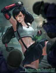  1girls 3boys armpits arms_up bare_arms bare_shoulders black_hair bracelet breasts cleavage clenched_hands collarbone crop_top earrings fantasy female fighting_stance final_fantasy final_fantasy_vii fingerless_gloves gloves jewelry judash137 kicking large_breasts light-skinned_female light_skin long_hair looking_at_viewer midriff miniskirt navel open_mouth parted_lips pleated_skirt ponytail red_eyes skirt smile solo square_enix tank_top thighhighs thighs tifa_lockhart toned very_long_hair 