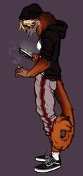  2021 anthro beanie callitrichid clothed clothing digital_drawing_(artwork) digital_media_(artwork) facial_piercing fluffy footwear golden_lion_tamarin haplorhine hat headgear headwear hi_res kurtis_(lizardpuke) lion_tamarin lizardpuke long_tail male mammal mane monkey new_world_monkey nose_piercing piercing primate shoes smoking solo tail 