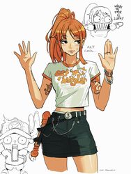  ... absurdres alternate_costume artist_name belt belt_buckle bracelet breasts brown_eyes buckle commentary cowboy_shot crop_top cropped_shirt edpan english_commentary english_text female highres jewelry lips midriff miniskirt multiple_rings nami_(one_piece) navel one_piece orange_hair ponytail ring short_sleeves simple_background skirt sweat tattoo tony_tony_chopper watermark white_background 