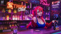  alcohol bar_(place) bartender bottle breasts cameo character_request choker cleavage collar commentary commission dante_(devil_may_cry) devil_may_cry_(series) devil_may_cry_5 drink english_commentary female glass head_tilt jacket lips long_hair looking_at_viewer majima_goro manda_schank mascot medium_breasts money neon_lights nose off_shoulder original red_(strippin) red_eyes red_hair red_jacket ryuu_ga_gotoku_(series) solo track_jacket twintails twitch.tv whiskey 