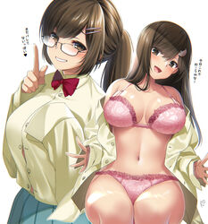  2girls blush bra breasts brown_eyes brown_hair cleavage commentary glasses grin hair_ornament hairclip highres large_breasts long_hair looking_at_viewer multiple_girls navel open_clothes open_mouth open_shirt original oversized_clothes panties parted_lips pink_bra pink_panties ponytail rectangular_eyewear shirt smile suzuki_nene teeth translated underwear 