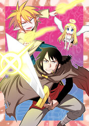  1other 2boys angel angel_wings black_eyes black_hair black_shorts blonde_hair blue_eyes broken_halo cape commentary_request crimvael dress elf fighting_stance flying glint green_eyes grin hair_ornament halo highres hitotose_rin holding holding_sword holding_weapon ishuzoku_reviewers long_hair long_sleeves magic male_focus multiple_boys pants photoshop_(medium) pointy_ears sandals scar scar_on_face shirt short_hair shorts smile stunk sword weapon white_dress wings x_hair_ornament zel_(ishuzoku_reviewers) 