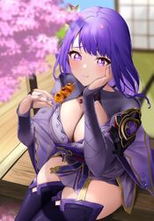  :t architecture armor black_thighhighs blurry blurry_background breasts bridal_gauntlets cherry_blossoms cleavage closed_mouth commentary dango east_asian_architecture female food genshin_impact hand_on_own_face hands_up highres holding holding_food japanese_clothes kimono large_breasts long_hair looking_at_viewer mitarashi_dango obi off_shoulder outdoors purple_eyes purple_hair purple_kimono raiden_shogun raised_eyebrows sash shoulder_armor shrug_(clothing) sitting solo sparkling_eyes thighhighs thighs tree vision_(genshin_impact) wagashi yumeto_(ym-1) 