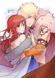  1boy 2nd_popularity_poll_(boku_no_hero_academia) :o bakugou_katsuki bare_shoulders blonde_hair blue_dress blush boku_no_hero_academia cape commission dress earrings female fur-trimmed_cape fur_trim grey_jacket hakamii highres hug jacket jewelry long_hair long_sleeves looking_at_viewer necklace official_alternate_costume open_mouth original red_cape red_hair short_hair teeth upper_body white_background yellow_eyes 