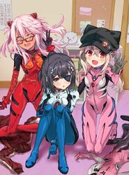  3girls :d badge black_bodysuit black_gloves black_hair black_headwear blonde_hair blue_bodysuit blush bodysuit boshi_(a-ieba) breasts brown_eyes button_badge chloe_von_einzbern commentary_request cosplay dark-skinned_female dark_skin evangelion:_3.0_you_can_(not)_redo eyepatch fate/kaleid_liner_prisma_illya fate_(series) full_body glasses gloves grey_background hair_between_eyes hair_ornament hairband hand_up hat highres ikari_shinji ikari_shinji_(cosplay) illyasviel_von_einzbern indoors jacket kneeling knees_up long_hair long_sleeves looking_at_viewer low_twintails makinami_mari_illustrious makinami_mari_illustrious_(cosplay) medium_hair miyu_edelfelt multicolored_clothes multicolored_jacket multiple_girls neon_genesis_evangelion open_mouth orange_eyes pink_bodysuit pink_hair plugsuit ponytail rebuild_of_evangelion red-framed_eyewear red_bodysuit red_jacket semi-rimless_eyewear sidelocks small_breasts smile souryuu_asuka_langley souryuu_asuka_langley_(cosplay) standing twintails two-tone_jacket two_side_up unworn_clothes unworn_jacket white_bodysuit white_jacket 