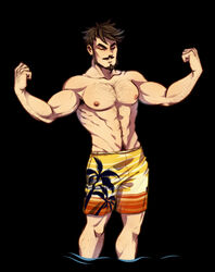  1boy arm_hair bara beard black_hair chest_hair facial_hair feet_out_of_frame flexing genshin_impact hairy highres leg_hair male_focus male_swimwear mature_male moustache muscular muscular_male navel_hair orange_male_swimwear print_male_swimwear short_hair smile snee_001 solo standing swim_briefs topless_male wagner_(genshin_impact) yellow_male_swimwear 